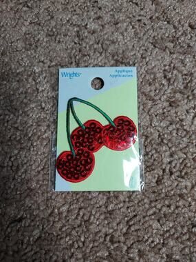 NEW Wrights Applique Iron On Sequined Cherry Patch